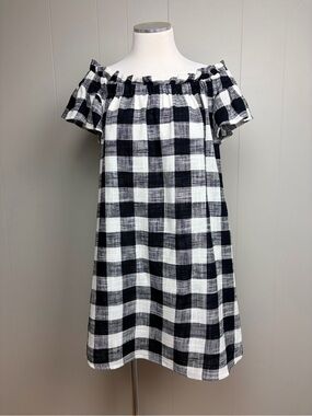 Corey Lynn Calter Black & White Buffalo Plaid Off Shoulder Linen Blend Dress XS